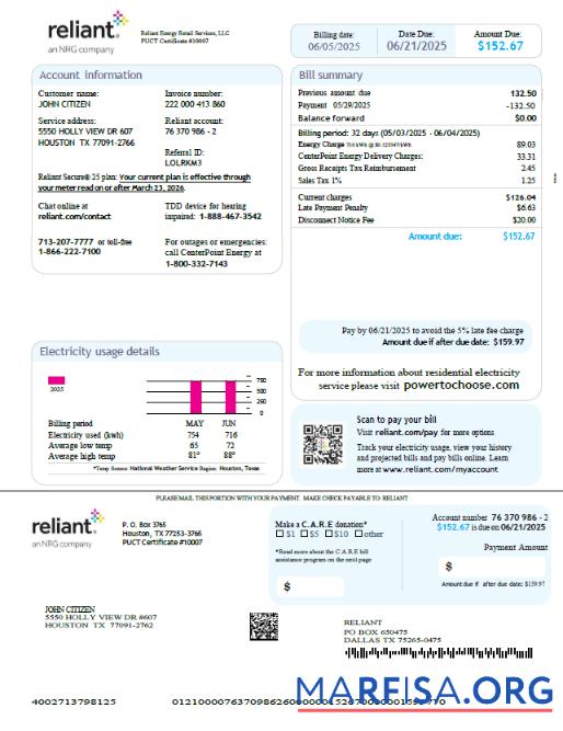 Blank USA Reliant Energy utility bill template in Word and PDF formats, version 3
